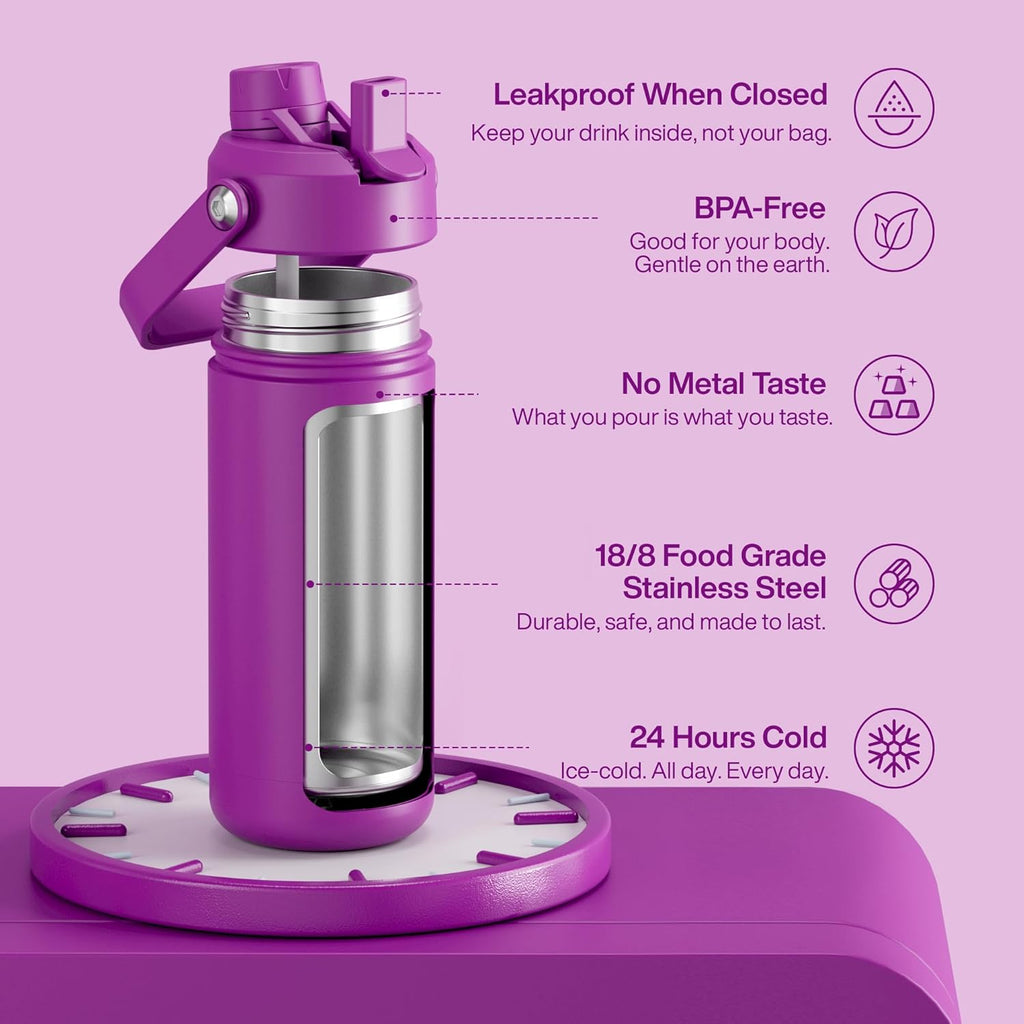 ENCOOL Insulated Water Bottle with Straw Stainless Steel Water Bottle, Leak-Proof, BPA-Free, Double Wall Vacuum Keeps Cold for 24 Hours for Sports, Travel, School (18 oz, Bright Magenta)