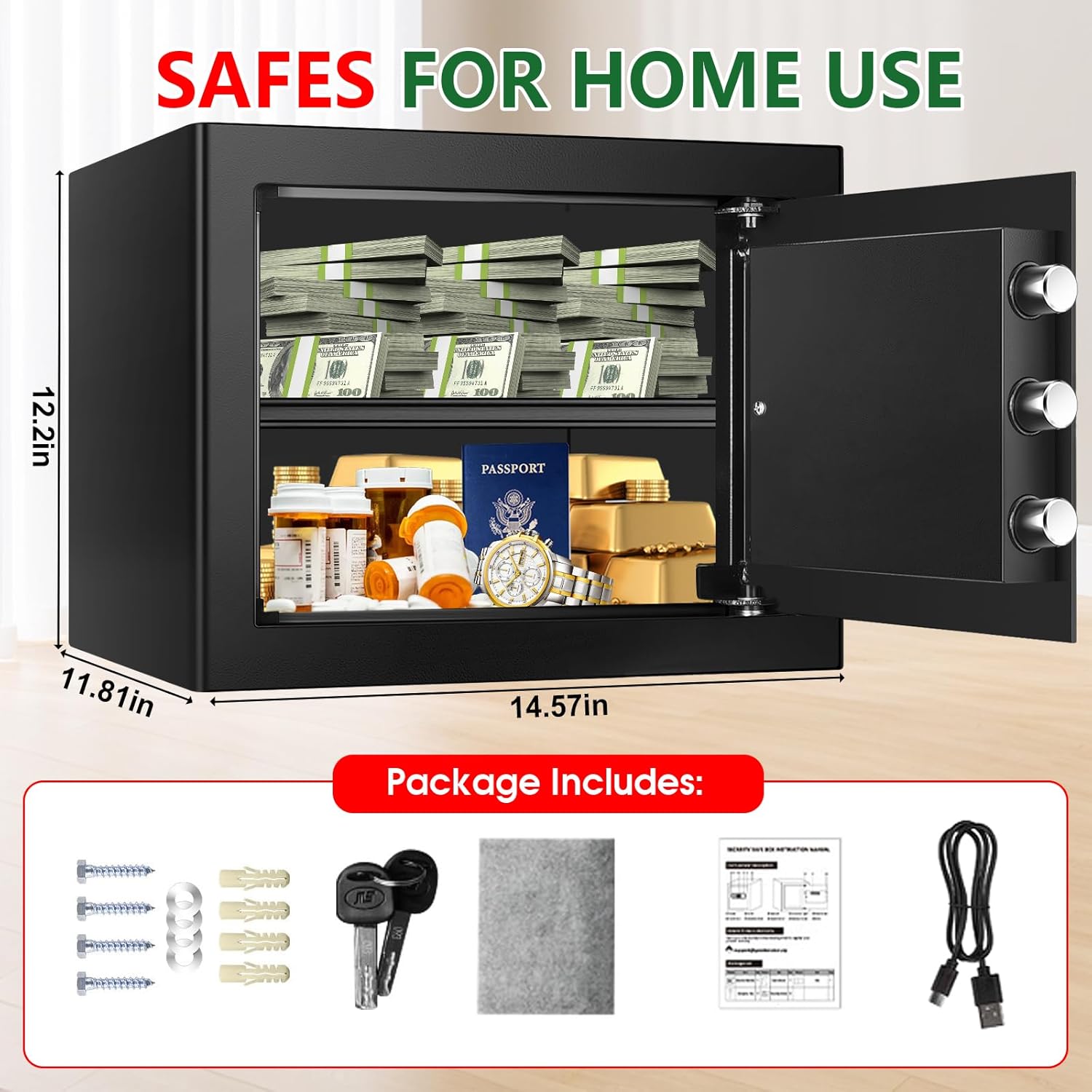 Small Fire Safe Box for Home, 1.7 Cubic Feet Fireproof Lock Box with Digital Keypad, Spare Keys and Removable Shelf, Personal Home Safes for Money, Jewelry, ID Documents, Christmas Gifts