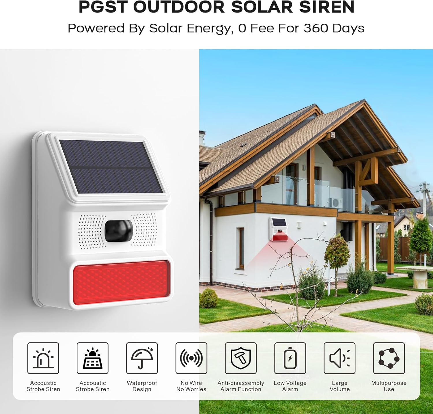 PGST Solar Alarm Motion Detector,Outdoor Security Siren Sensor with Flashing Light,IP65 Waterproof,Remote Control,21 Sound Switching Options,120dB Loud Noise Maker for Farm,Yard,Garden,Fish Pond