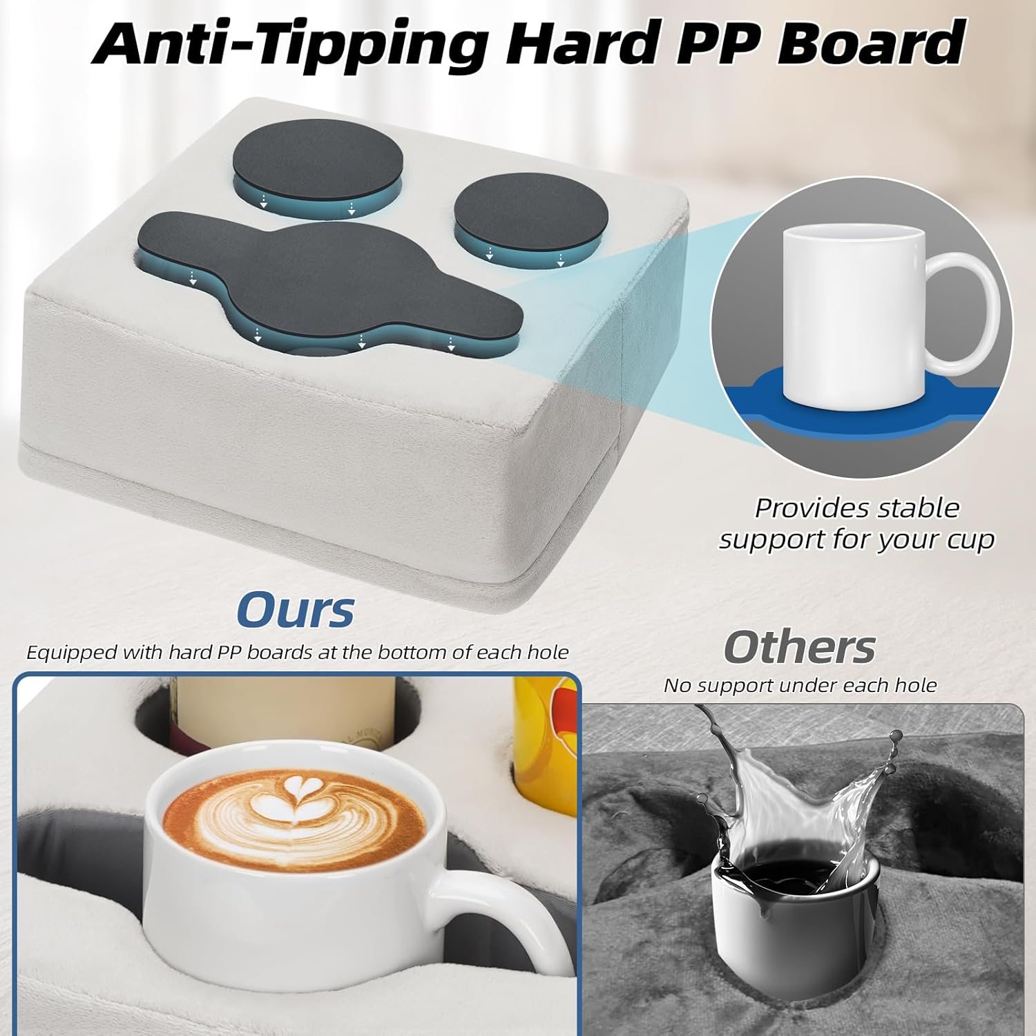 G GOOD GAIN Couch Cup Holder Pillow, Spill-Proof Sofa Drink Cup Holder & Multi-Use Organizer for Sofa, Bed, Car, Beach - Holds Mugs, Phone, Snacks, Remote Control, KeepTemp Design (LightGrey)