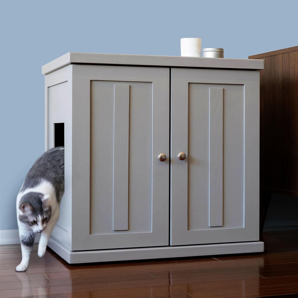 THE REFINED FELINE Cat Litter Box Enclosure Cabinet, Shaker, Smoke Gray, Adjustable Levelers, Large, Hidden Litter Cat Furniture with Drawer