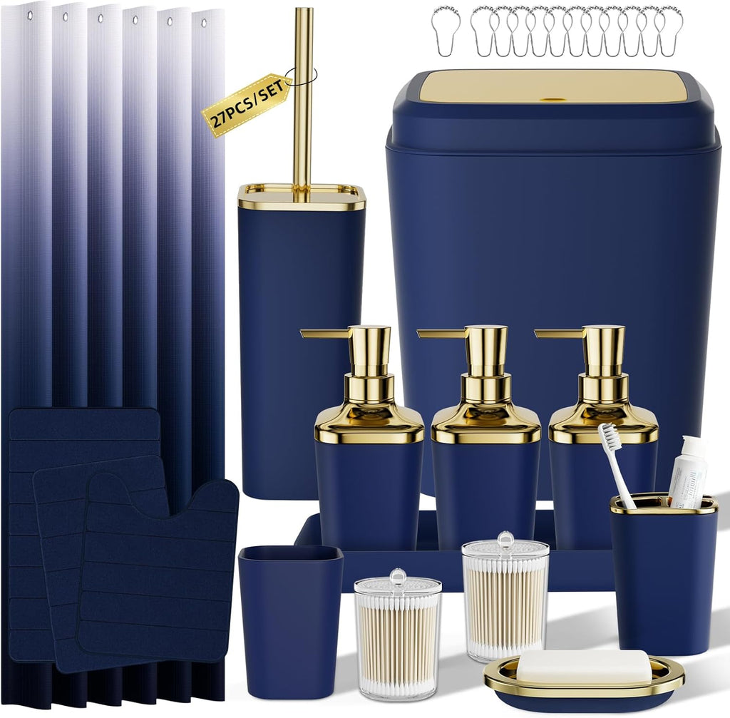 Bathroom Sets with Shower Curtain and Rugs, 27PC Bathroom Accessory Set, Blue Bathroom Set, Navy Blue Bathroom Accessories Set with Trash Can, Toilet Brush and Soap Dispensers