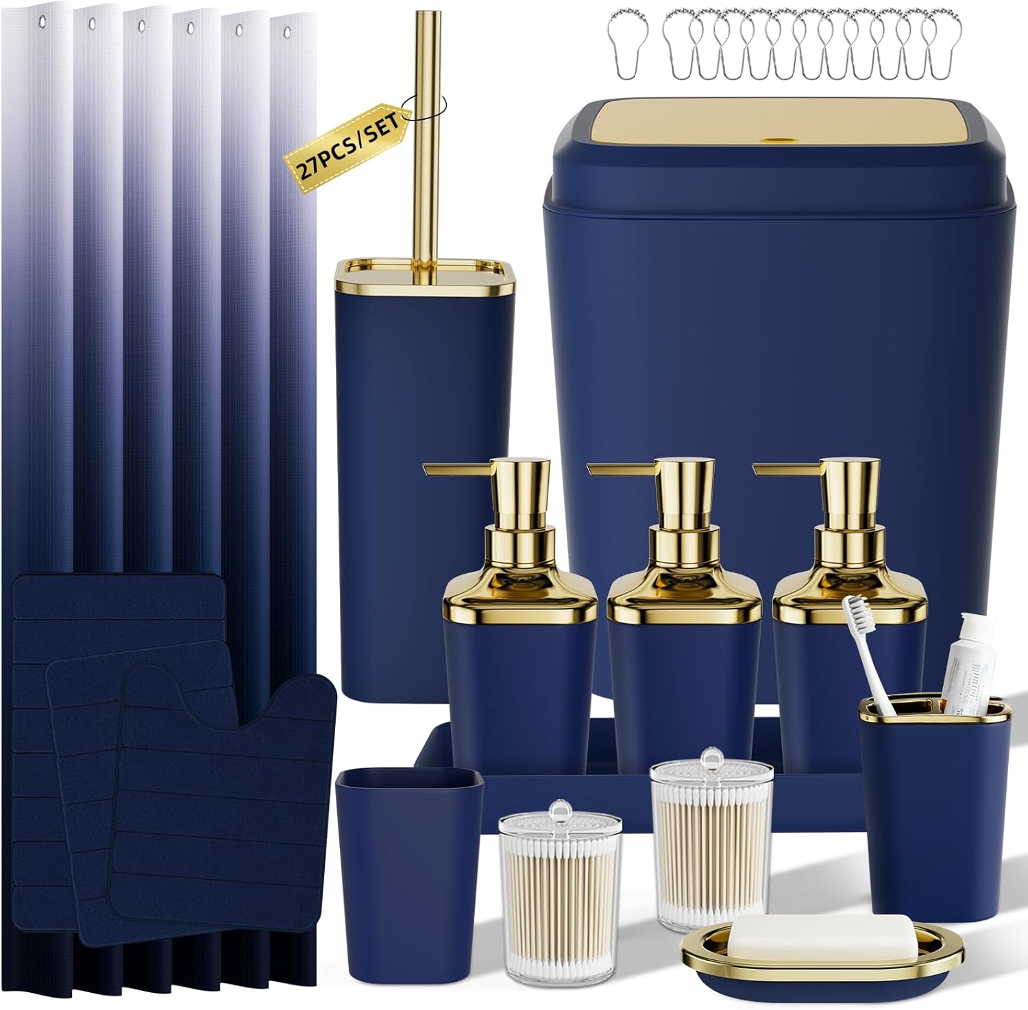 Bathroom Sets with Shower Curtain and Rugs, 27PC Bathroom Accessory Set, Blue Bathroom Set, Navy Blue Bathroom Accessories Set with Trash Can, Toilet Brush and Soap Dispensers