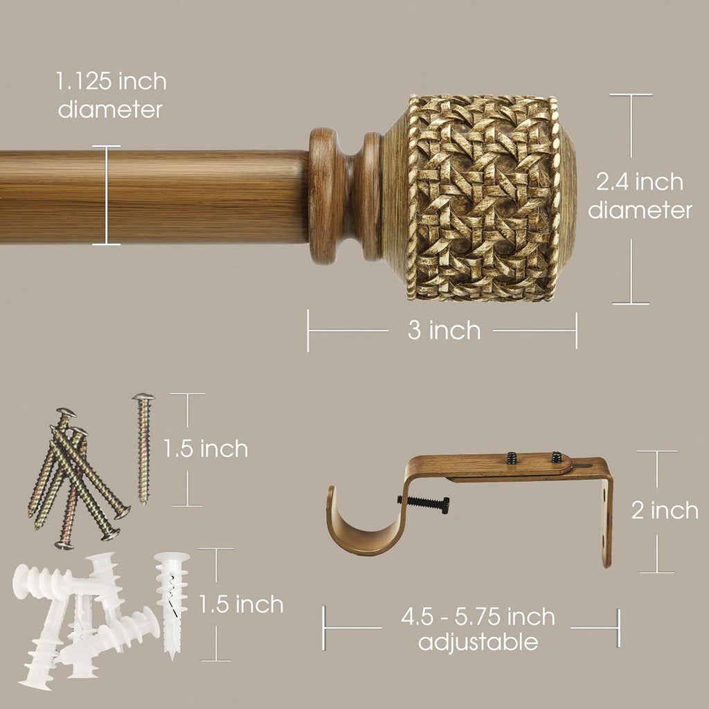 1-1/8 Inch Diameter Faux Wood Curtain Rods with Faux Rattan Cane Woven Finials, 36-72'' Telescoping Single Curtain Rods for window width 24-68 inch, 1 pack