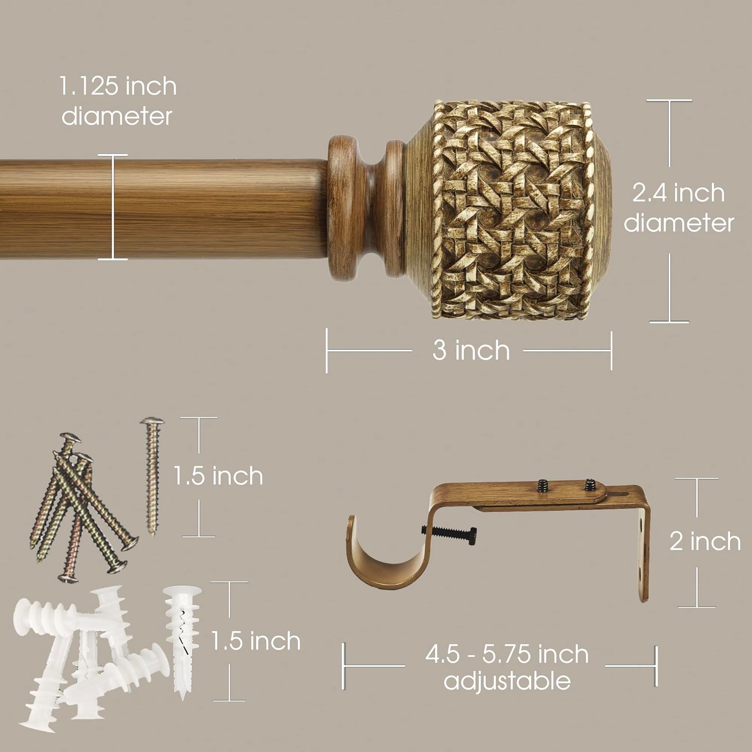 1-1/8 Inch Diameter Faux Wood Curtain Rods with Faux Rattan Cane Woven Finial, 72-144'' Telescoping Single Curtain Rods for window width 68-140 inch, 1 pack