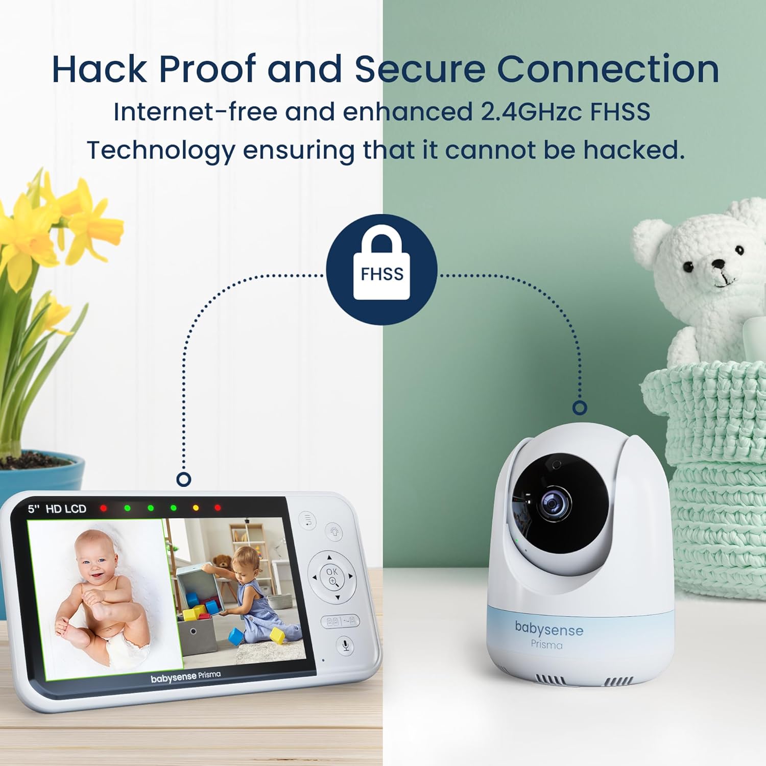 Babysense Prisma Baby Monitor with Camera and Audio, 5” HD Video Baby Monitor with 2 Cameras, 6-Color Night Light, Split Screen, Sound Machine with White Noise & Lullabies, Secure No WiFi