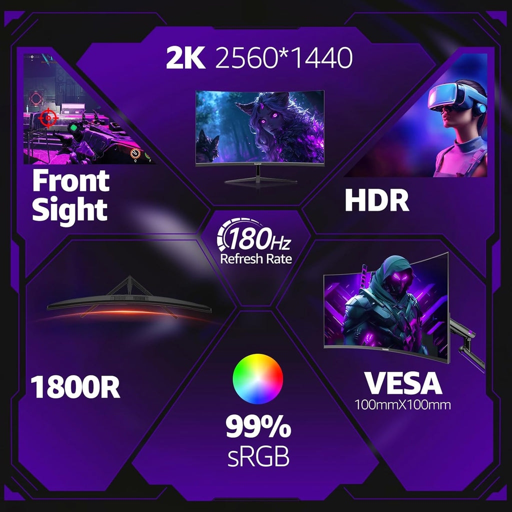 Gawfolk 32 Inch Curved Gaming Monitor, 180Hz 1500R QHD (2560x1440) 2K Computer Monitor with FreeSync, DisplayPort, HDMI, Wall Mountable, Eye Care for Home Office & Gaming