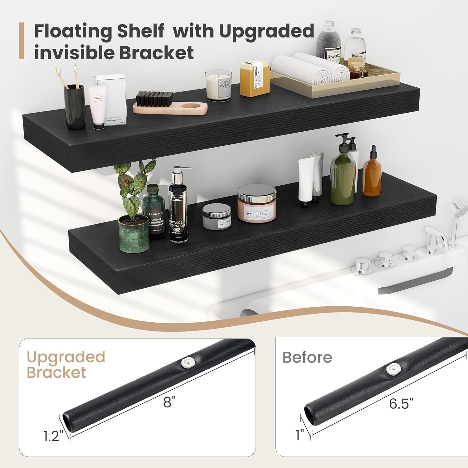 Heimlove 12 Inch Deep Floating Shelves, 12 x 12 inches Long Wall Shelf, Large Extra Display Shelf & Storage Shelf, Rustic Wood Wall Shelves for Fireplace Mantel, Black - 2Pack