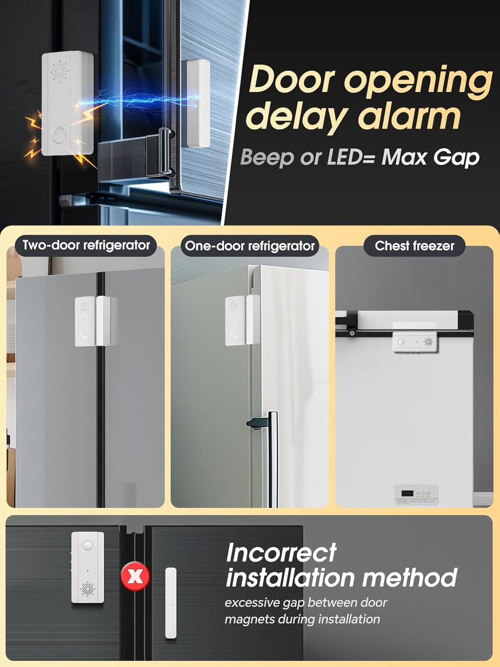 Freezer Door Alarm with Adjustable Voice Reminders (60s/30s/10s/0s Delay) for Open Freezer or Refrigerator Doors