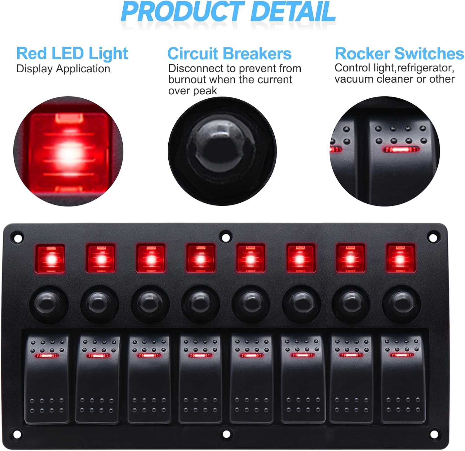 Geloo 8 Gang Marine Rocker Switch Panel, Boat Switch Panel Waterproof, 12V Switch Panel with Red LED Light, Aluminum Switch Panel for Car RV Truck with 5A 10A 15A Circuit Breaker