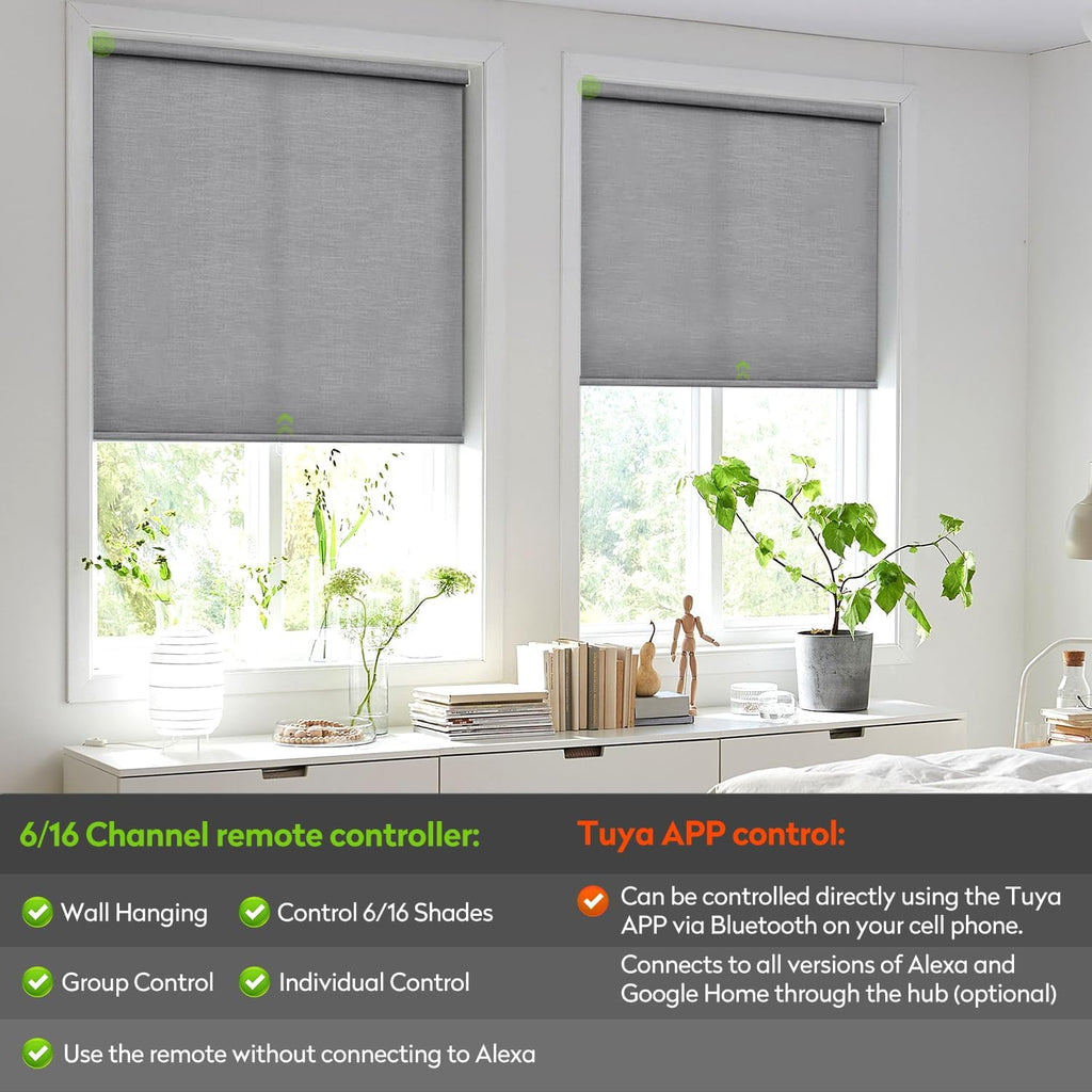ZSTARR Motorized Light Filtering Roller Blinds with Remote Control,Rechargeable Smart Window Shades Compatible with Alexa Google via Hub,Fabric Wrapped Valance, Custom Size (Light Gray)