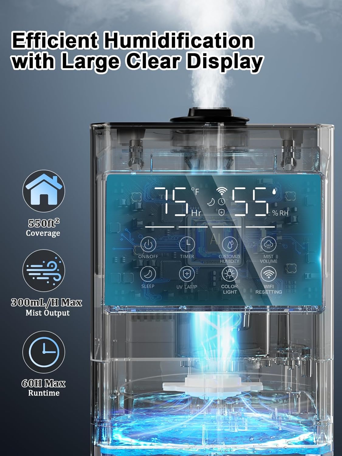 9L/2.4Gal Smart Cool Mist Humidifier, Top Fill Quiet Humidifier Large Room, Covers 550ft², App & Remote Control, 60H Runtime, 7 Colors Light, 4 Mist Modes Humidifiers for Bedroom, Office, Black
