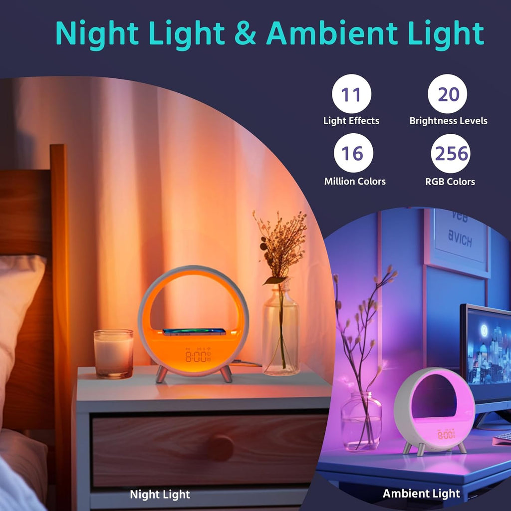 MOMILLA Sunrise Alarm Clocks with Bluetooth Speaker, White Noise Sound Machine with with Wireless Charging Station, 11 Lights Effects Night Light, Wake up Light Sunset Lamp Bedrooms for Adults Kids