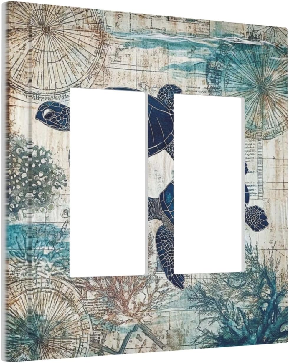 Blue Green Sea Turtle Tropical Ocean Coral Nautical Map Decorative Outlet Covers 2 Gang Double Gfci Rocker Electrical Wall Panels Light Switch Cover Plate For Bed Room Bathroom Decor