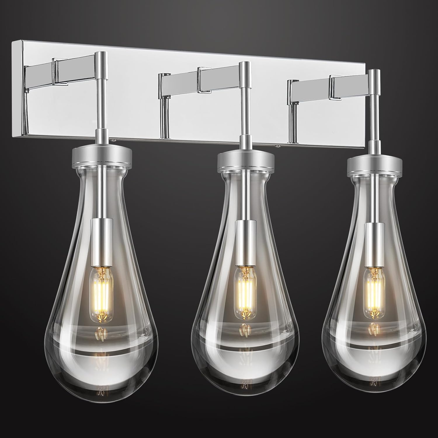Raindrop Wall Sconces Chrome Crystal Sconces Wall Decor Modern Lighting Glass Bathroom Sconces Indoor Vanity Light Wall Lamp for Bedroom Living Room Stair(3-Light)