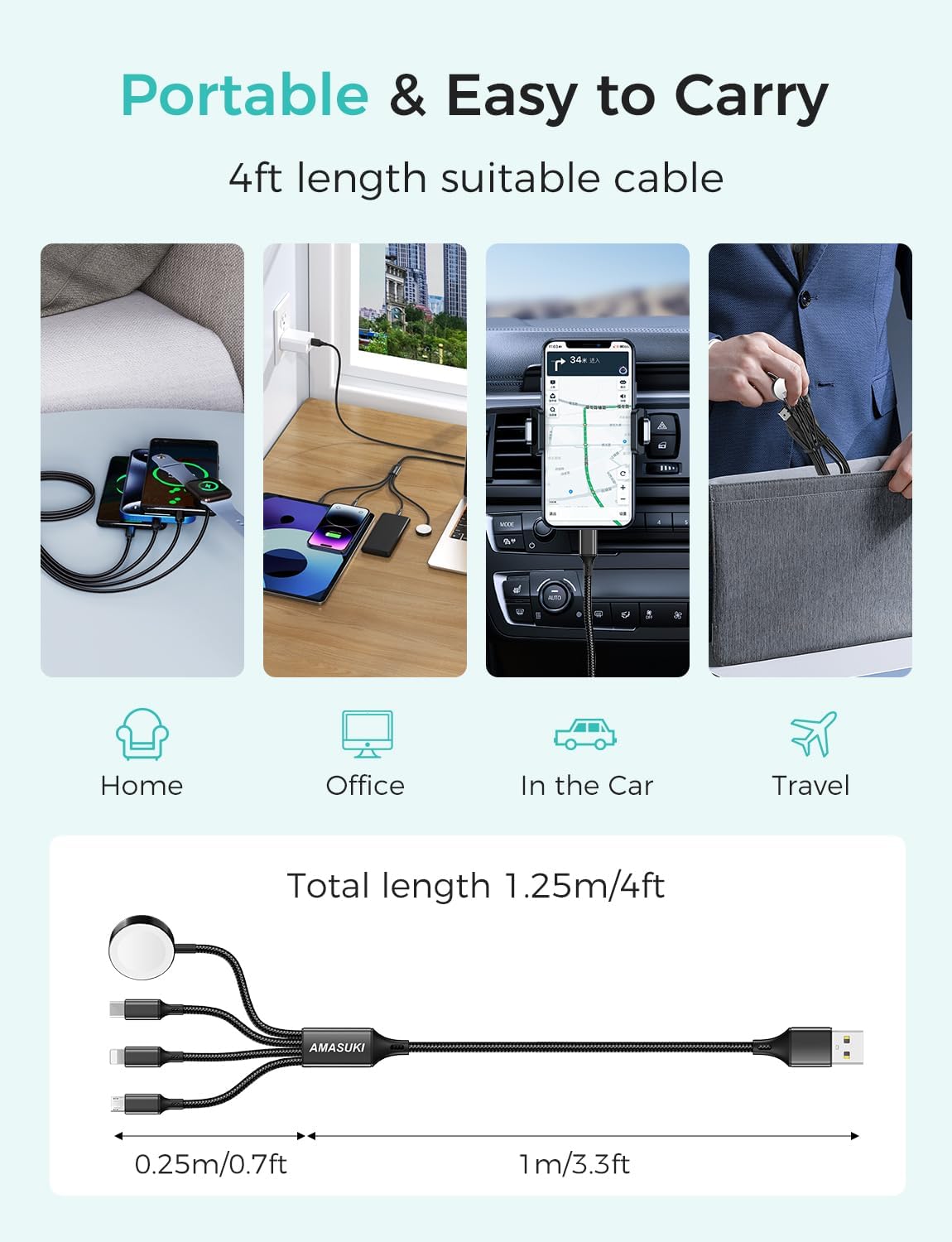 Travel Essentials,4 in 1 for Apple Watch Charger/iPhone Charger/Multi Charging Cable,Vacation RV Camping Essentials,USB C/L/Micro Portable Charger for iWatch 11-1/iPhone 17-12,Car&Gift-Black
