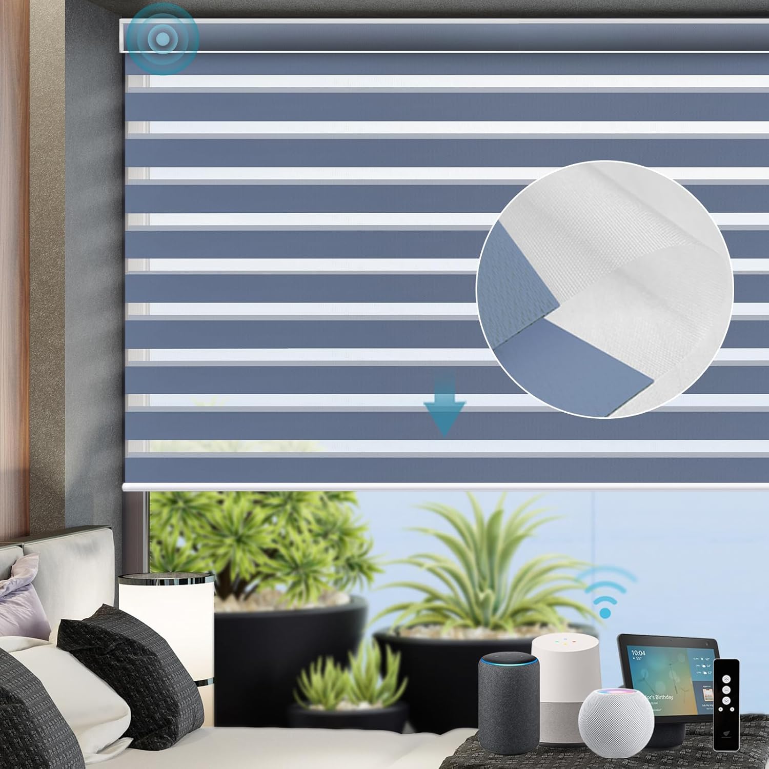 SmartWings Motorized Zebra Shades with Valance Work with Homekit Thread Alexa Z-Wave Smart Dual Layer Shades with Remote Control, Automatic Horizontal Window Blind, 90% Blackout 95mm Astrid Blue
