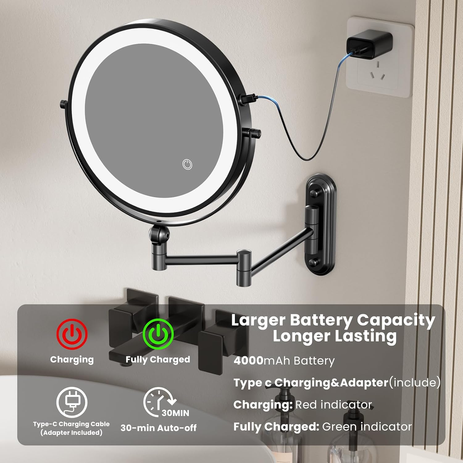 Rocollos 9-Inch Large Makeup Mirror with 30X Magnification, Rechargeable Wall Mounted Vanity Mirror with Lights, 3 Color Dimmable LED, Touch Screen & Retractable Arm-Black (9INCH-Black)