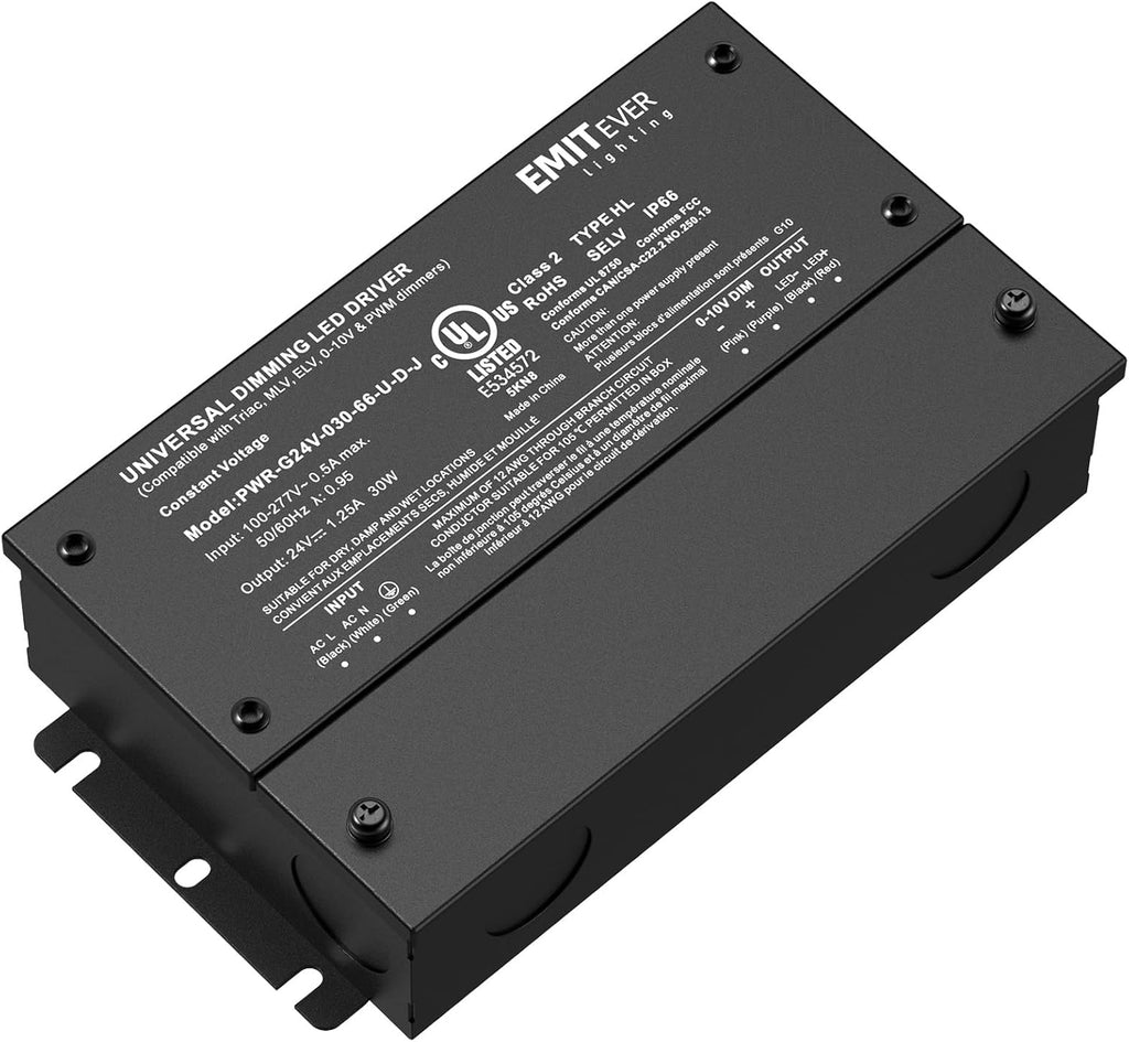 EMITEVER 30W Dimmable LED Driver, 24V Triac Dimmable Power Supply, AC to DC Transformer for LED Light, Compatible with Lutron and Leviton Dimmer, Waterproof IP67 and UL Listed, Class 2