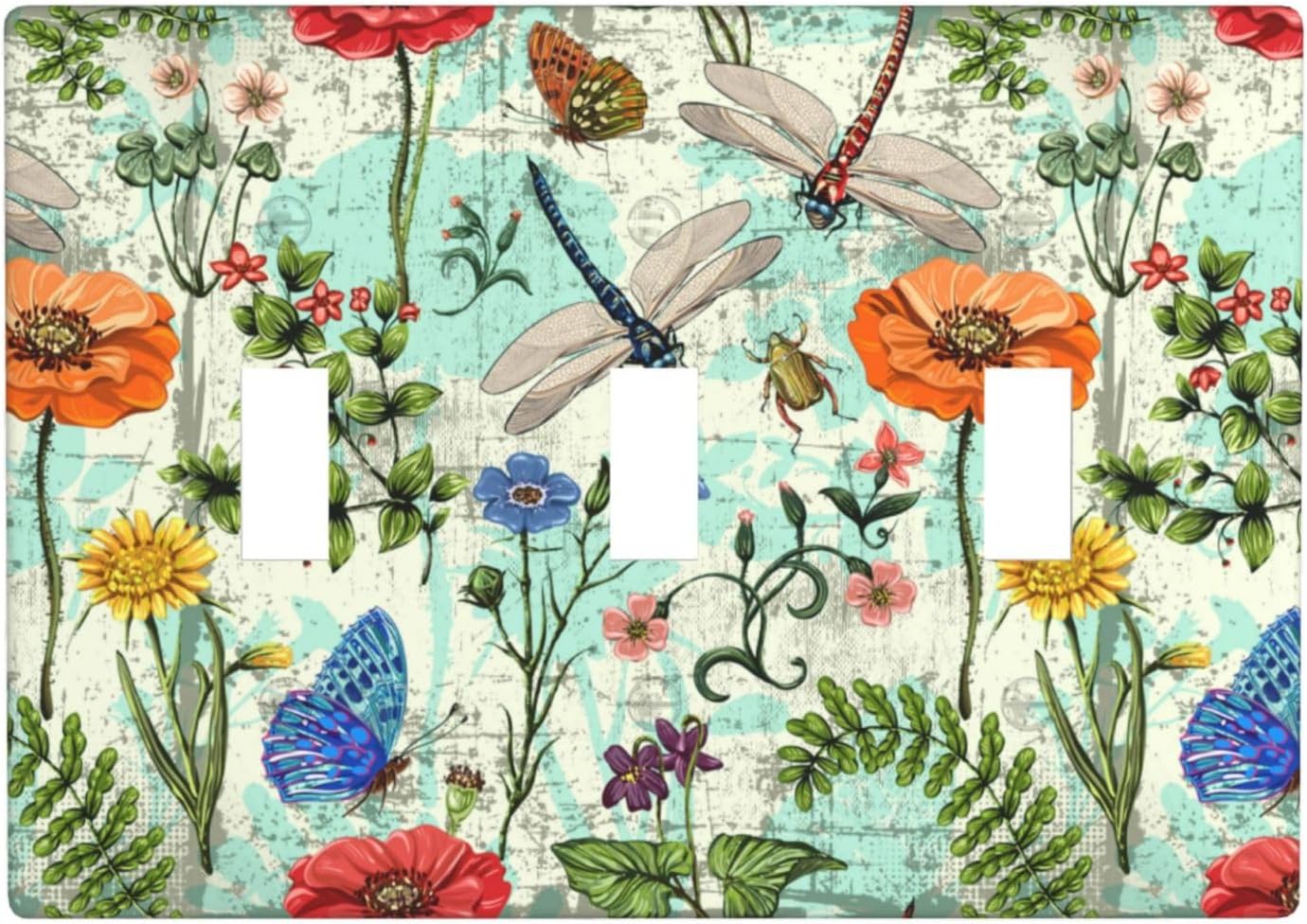 Dragonflies Flowers Butterfly 3 Gang Triple Toggle Outlet Light Switch Cover Decorative Wall Plate Cover For Home Living Bedroom Kitchen Decorative