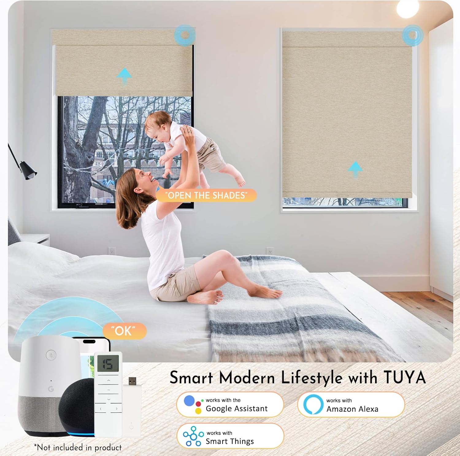 Persilux Smart Motorized Blinds with Remote, No Drill Automatic Roller Shades for Indoor Windows, Blackout Linen Fabric, Electric Blinds for Windows, Nature Khaki C153BO-3, Custom Size