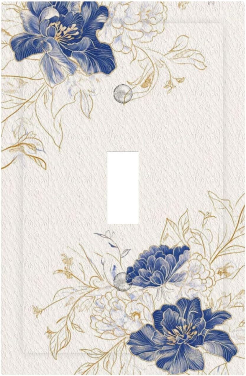 Decorative Light Switch Cover Plate Rustic Blue Flower Floral Gold Leaf 1 Gang Single Toggle Wall Plates for Electrical Outlet Covers Switch Plate Covers Faceplate for Bedroom Home Decor
