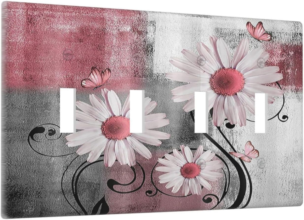 Light Switch Covers Pink Floral Rustic Daisy Flower And Butterfly Quad Toggle 4 Gang Wall Plate Electrical Faceplate Decorative Switch Plates for Farmhouse Cabin Decor