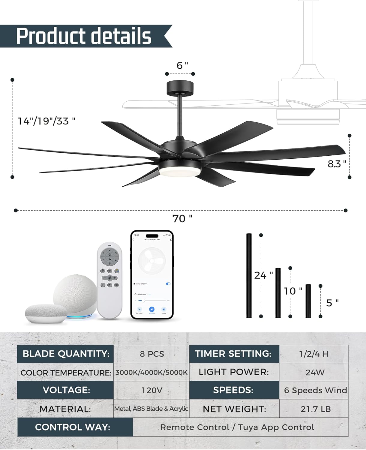 70 Inch Ceiling Fans with Lights, Smart Ceiling Fan with Voice Control, 8 ABS Blades, Reversible DC Motor, 3CCT Dimmable Black Ceiling Fan for Patio, CF01-BK