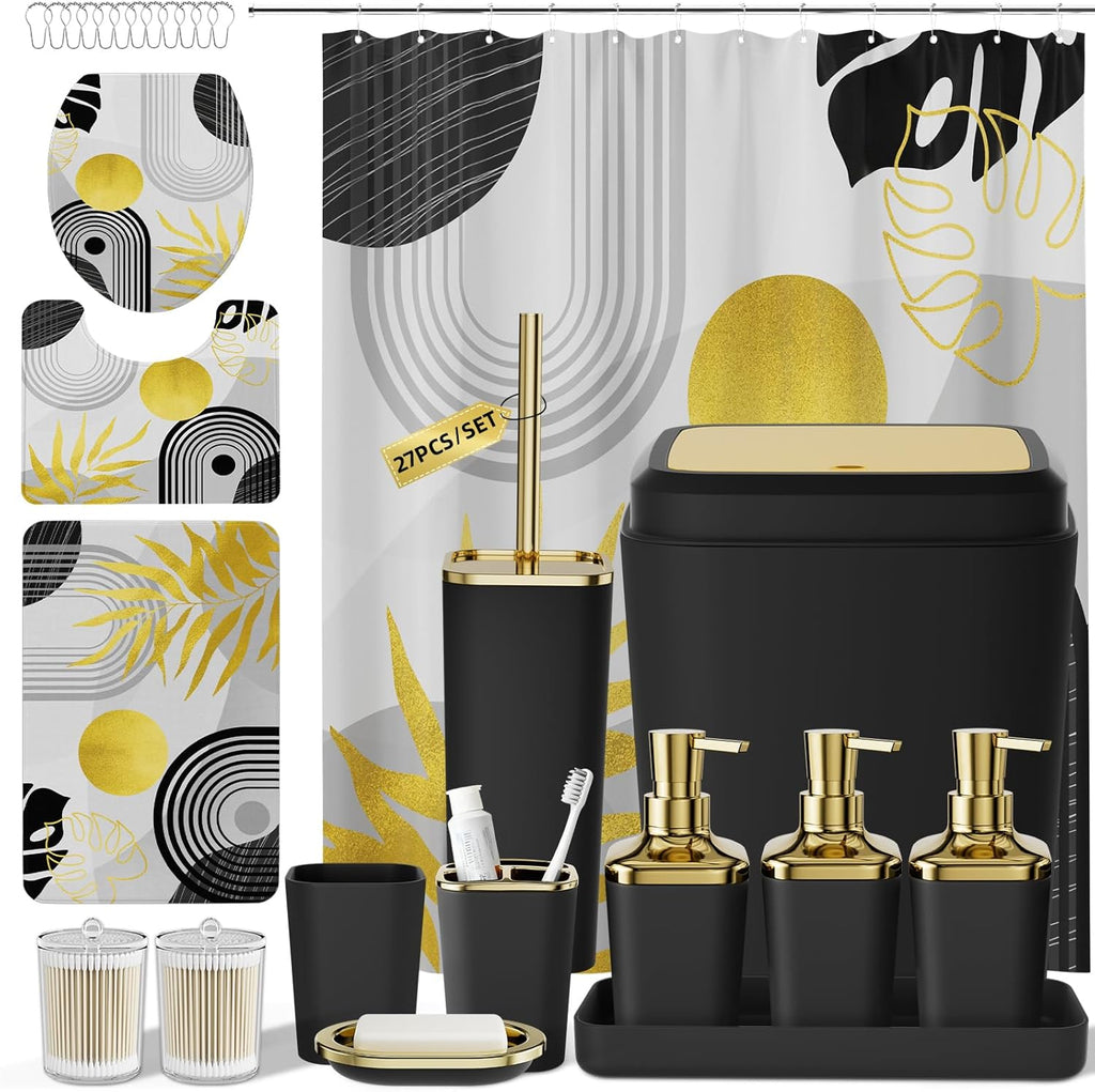 Bathroom Set - Bathroom Sets with Shower Curtain and Rugs, Bathroom Accessory Set, Black Bathroom Accessories Set with Trash Can, Toilet Brush and Soap Dispensers