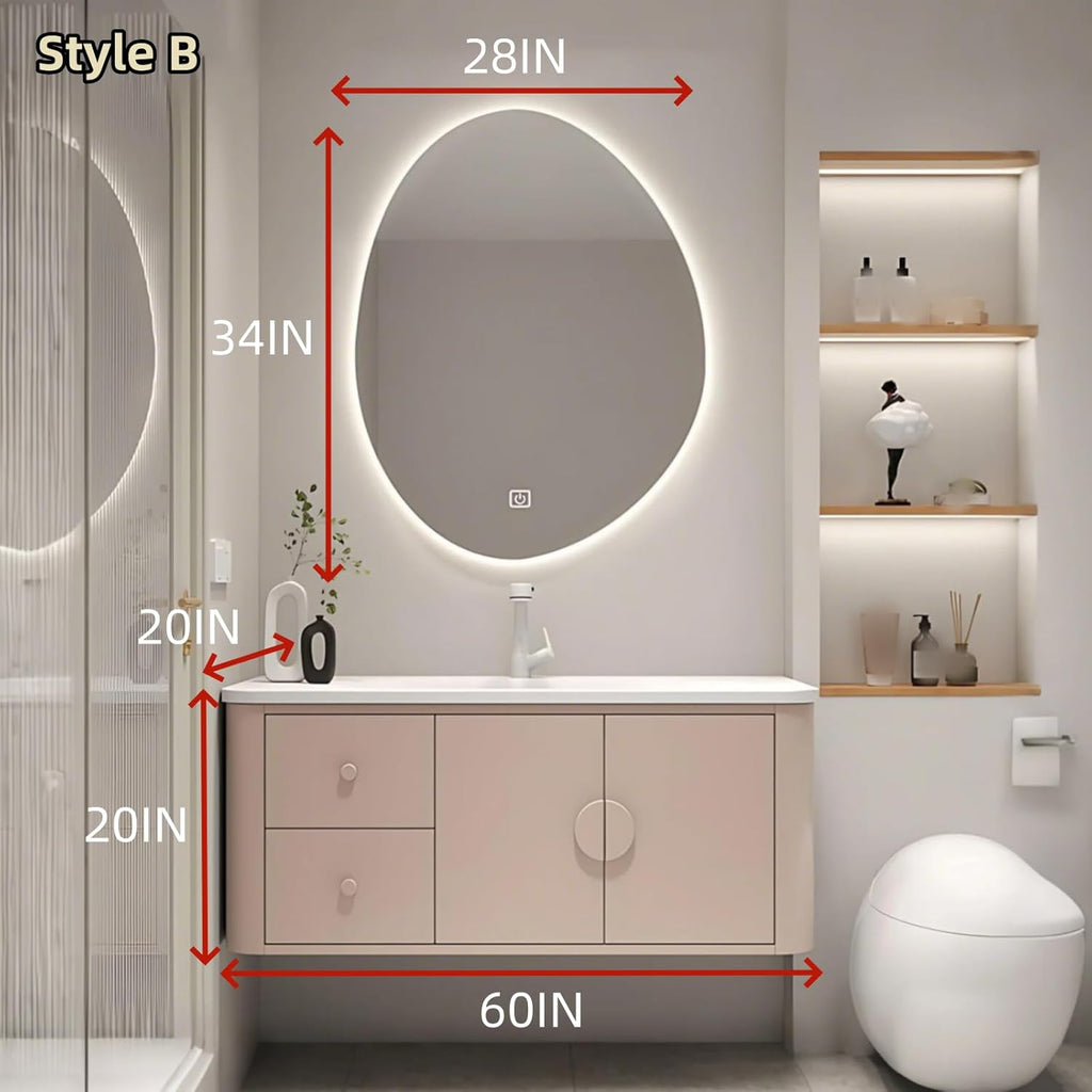 60IN Pink Modern Bathroom Vanity - Bathroom Vanities Set with 2 Drawers Wall Mounted | Rounded Corner Smart Defogging Mirror Cabinet with Lighting & Time Display, Side Opening Storage Shelf (Style B)