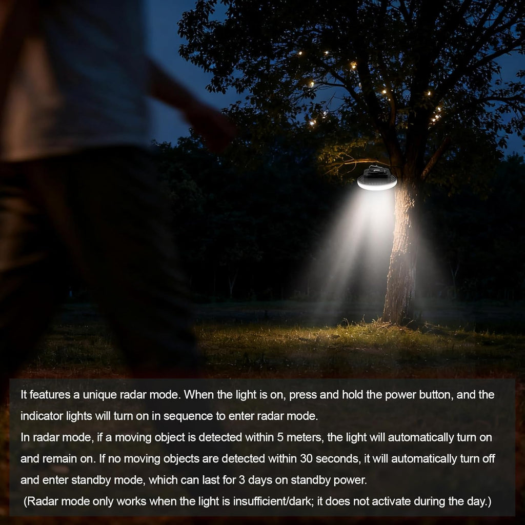 10000mAh 4000LM Rechargeable Camping Light with Motion Sensor and Radar , Standby Time of 72 Hours Automatic Light Portable Camping Lantern 30W with Magnet , IPX5 Waterproof Tent Lights