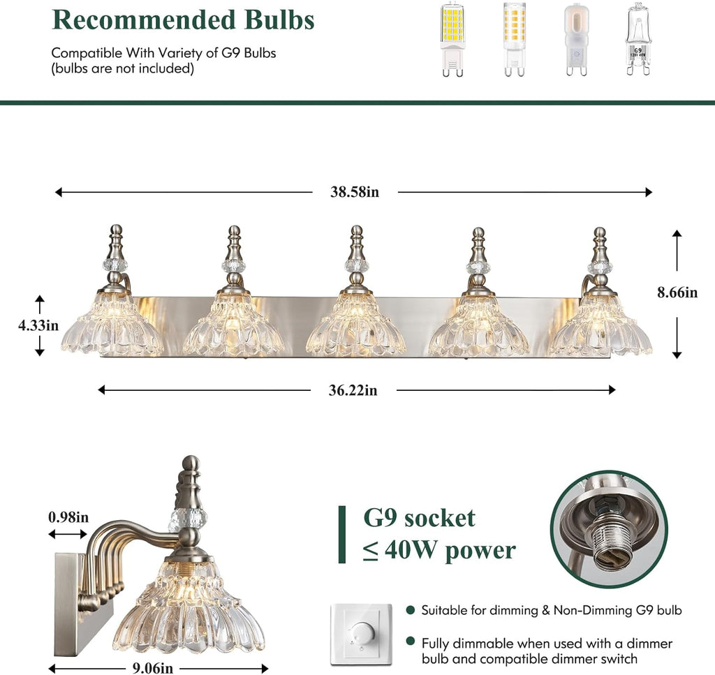 Vintage Bathroom Vanity Light, 5-Light Brushed Nickel Vanity Lighting Fixture with Flower Glass Shade, Bathroom Lighting Fixtures Over Mirror