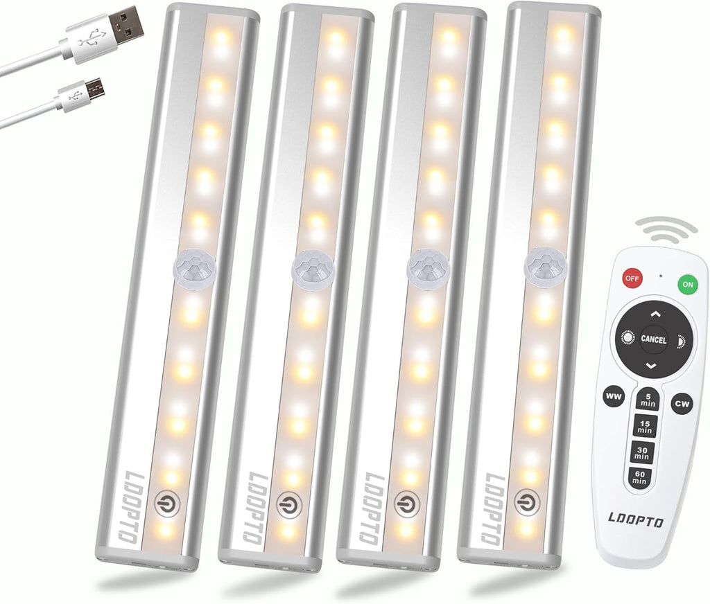 LDOPTO Under Cabinet Lights Wireless 4 Pack, Rechargeable Battery Operated Lights with Remote, Dimmable Led Closet Lights, Under Counter Lights Stick-on Touch Night Light for Kitchen, 3 Colors