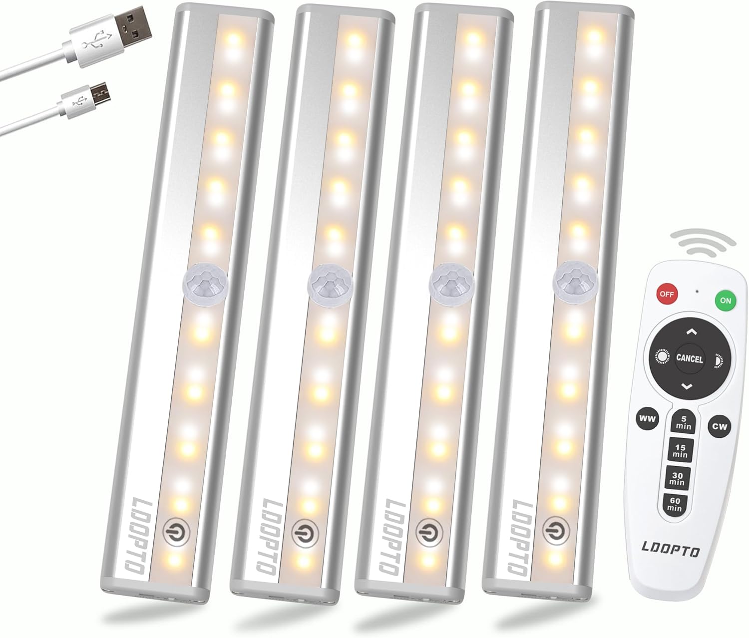 LDOPTO Under Cabinet Lights Wireless 4 Pack, Rechargeable Battery Operated Lights with Remote, Dimmable Led Closet Lights, Under Counter Lights Stick-on Touch Night Light for Kitchen, 3 Colors