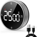 USB Rechargeable Magnetic Kitchen Timer for Cooking, Building 800mAh Battery Large Display Digital Countdown Timer, 3 Preset 5/15/25 Mins Loud Alarm for Baking Grilling Studying - Silver
