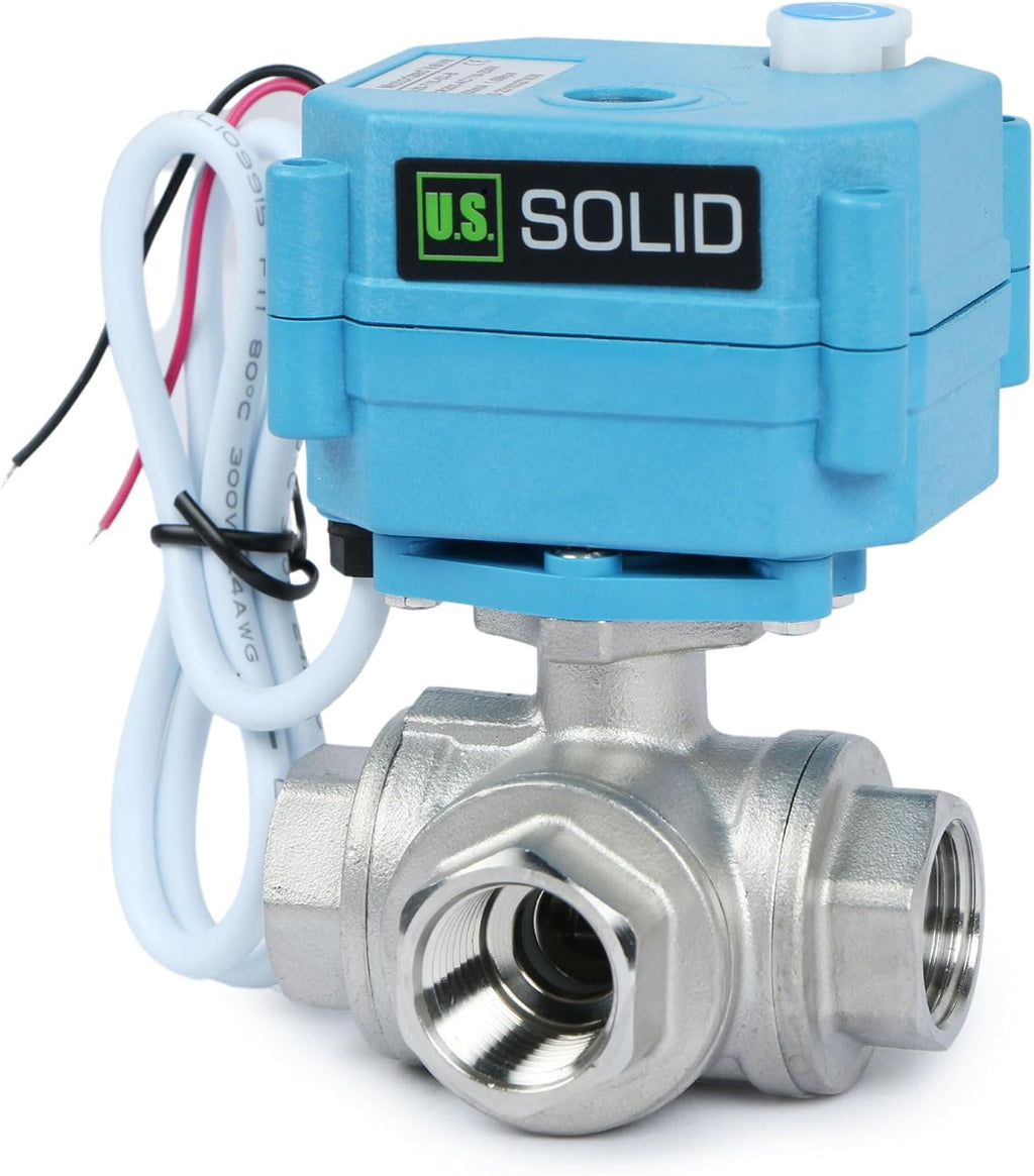 U.S. Solid 1/2" 3 Way Stainless Steel Motorized Ball Valve AC110-230V, L Type Water Shutoff Valve with Manual Function, Standard Port