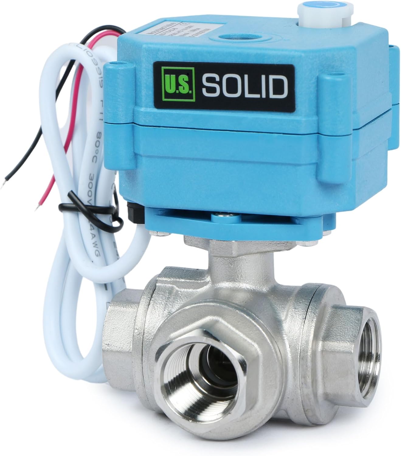U.S. Solid 1/2" 3 Way Stainless Steel Motorized Ball Valve AC110-230V, L Type Water Shutoff Valve with Manual Function, Standard Port