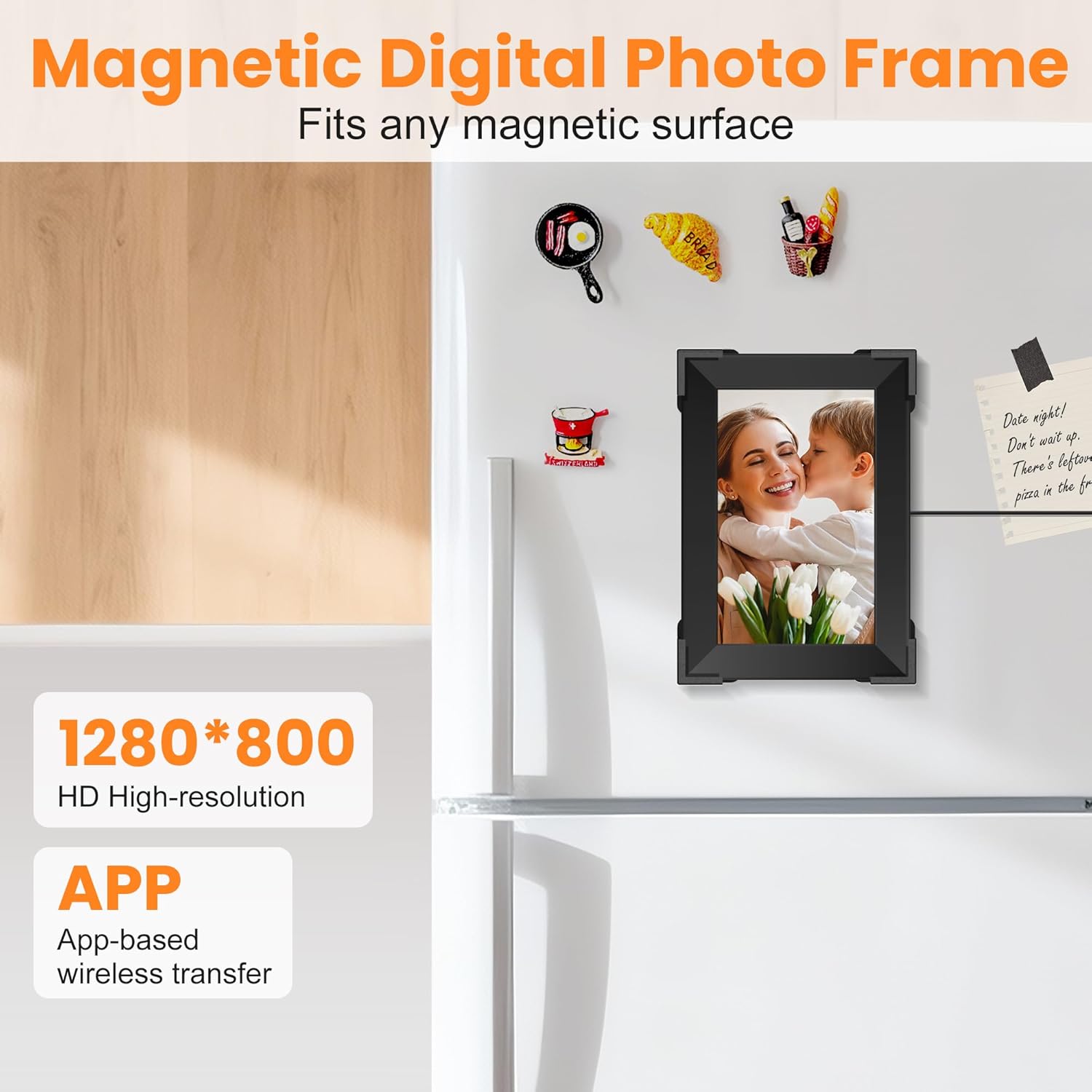 KPCB Tech Magnetic Picture Frames for Refrigerator, 8 inch Digital Photo Frames Smart WiFi & App Control, Electronic Picture Frame with 1280x800 HD Touch Screen for Parents, Grandparents, Friends