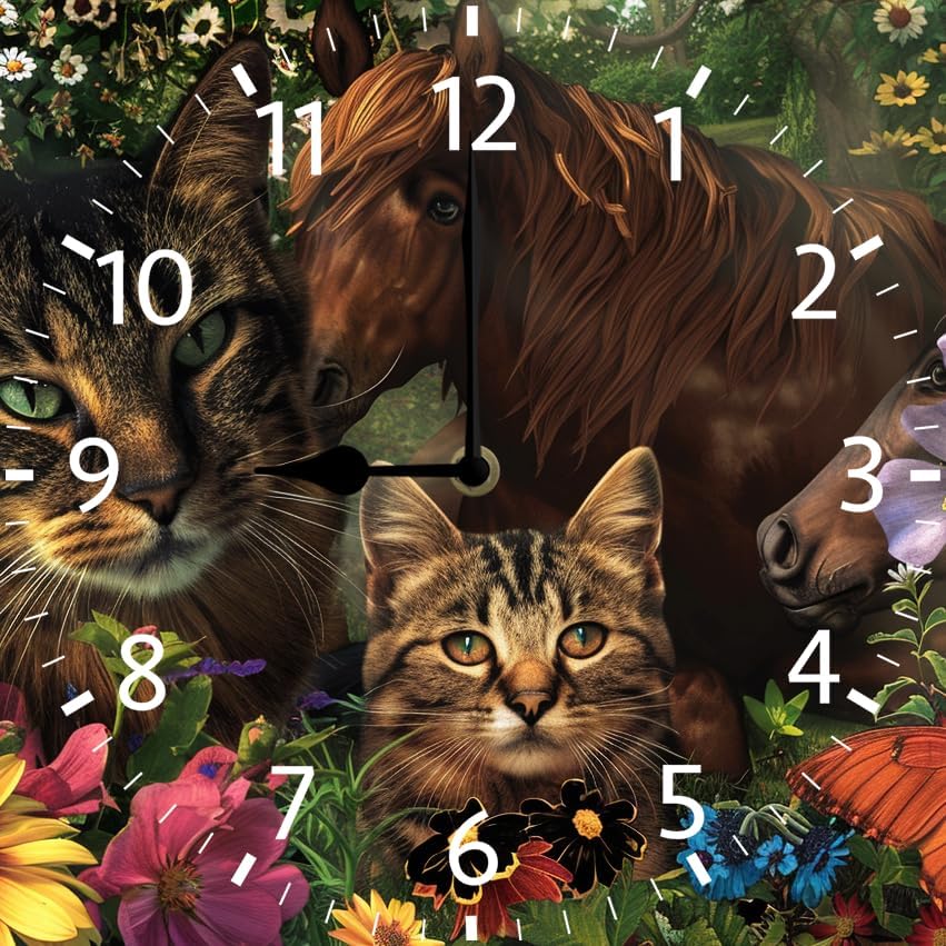 10 in Garden Cats and Horses -290 Wood Wall Clock – Digital Time Display, Smart Home Compatible for Bedside or Workspace