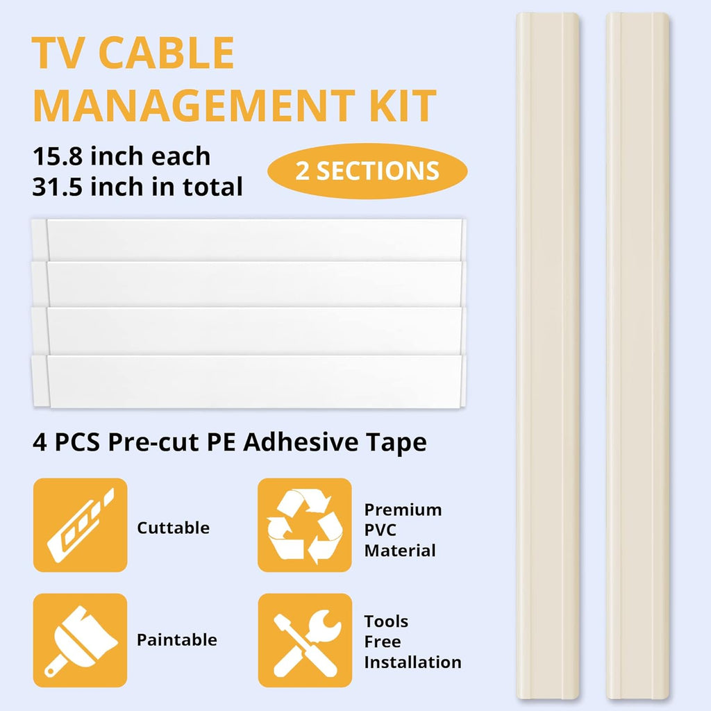 ZhiYo TV Cord Cover for Wall, 32 inch Cable Concealer, Cord Hider for Wall Mounted TV, Paintable Cable Cover to Hide Wires, Beige Wire Raceway Kit, 2X L15.8in W1.5in H0.75in