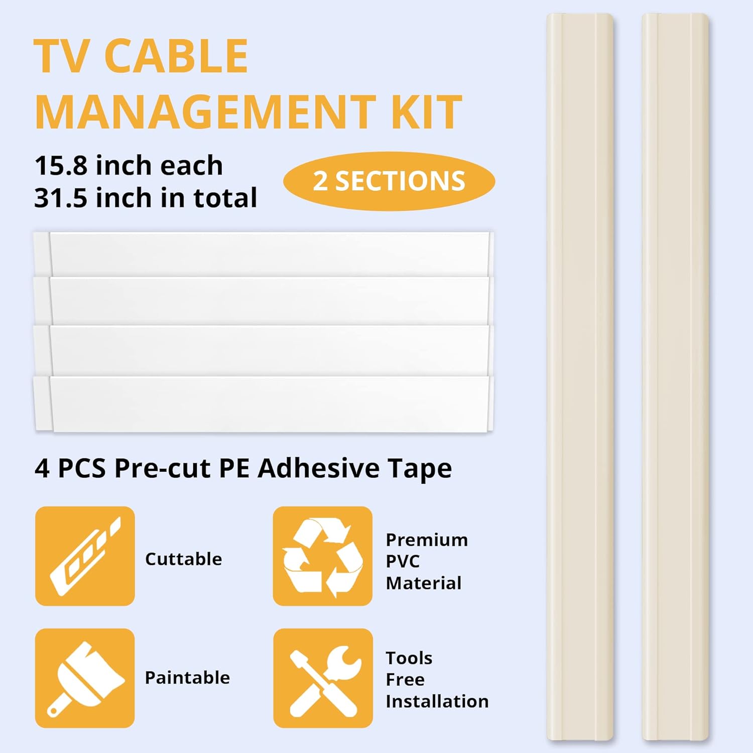 ZhiYo TV Cord Cover for Wall, 32 inch Cable Concealer, Cord Hider for Wall Mounted TV, Paintable Cable Cover to Hide Wires, Beige Wire Raceway Kit, 2X L15.8in W1.5in H0.75in
