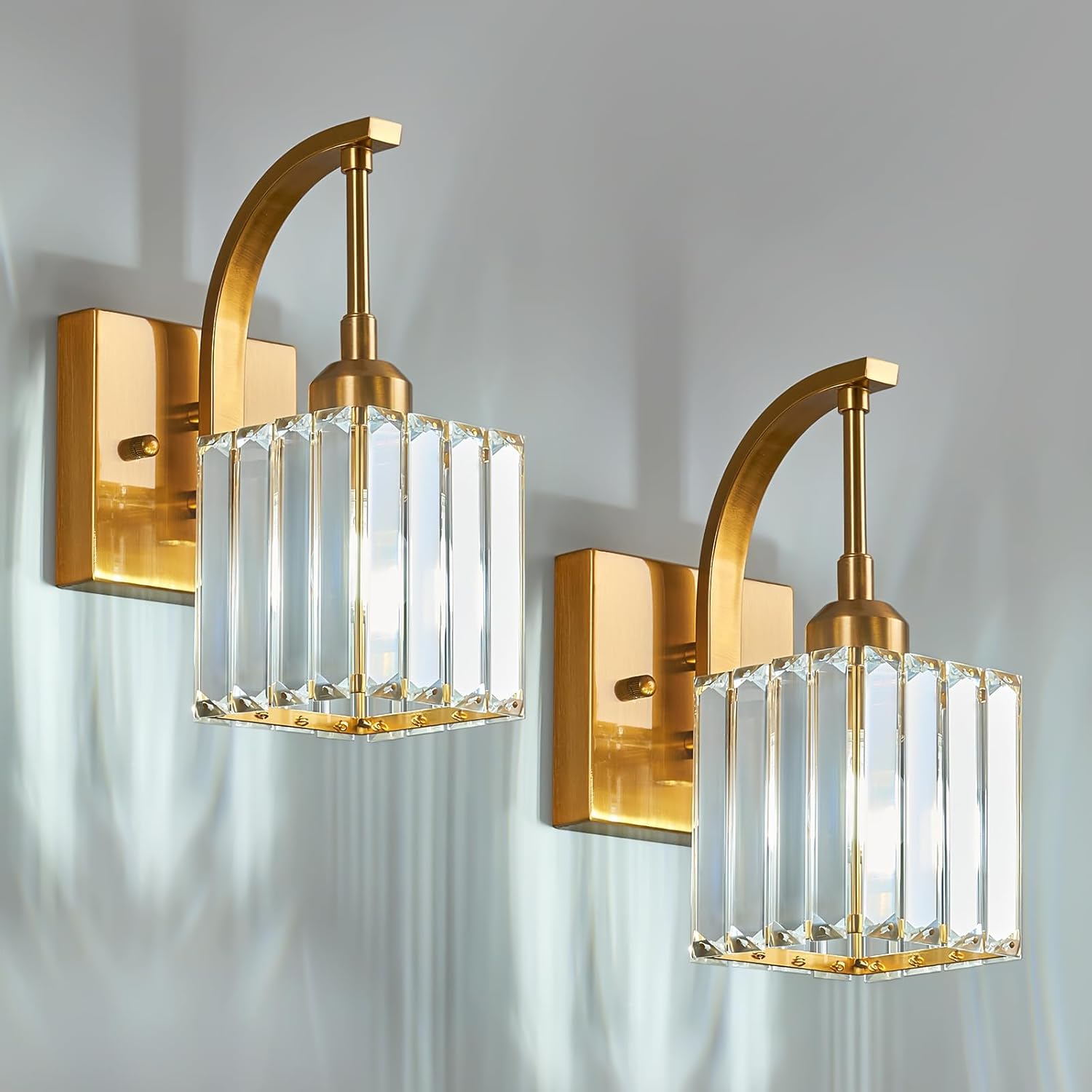 Wall Sconces, Set of 2 Gold Crystal Vanity Lights, Modern Wall Lamp for Bathroom, Hallway, and Makeup, Easy Installation