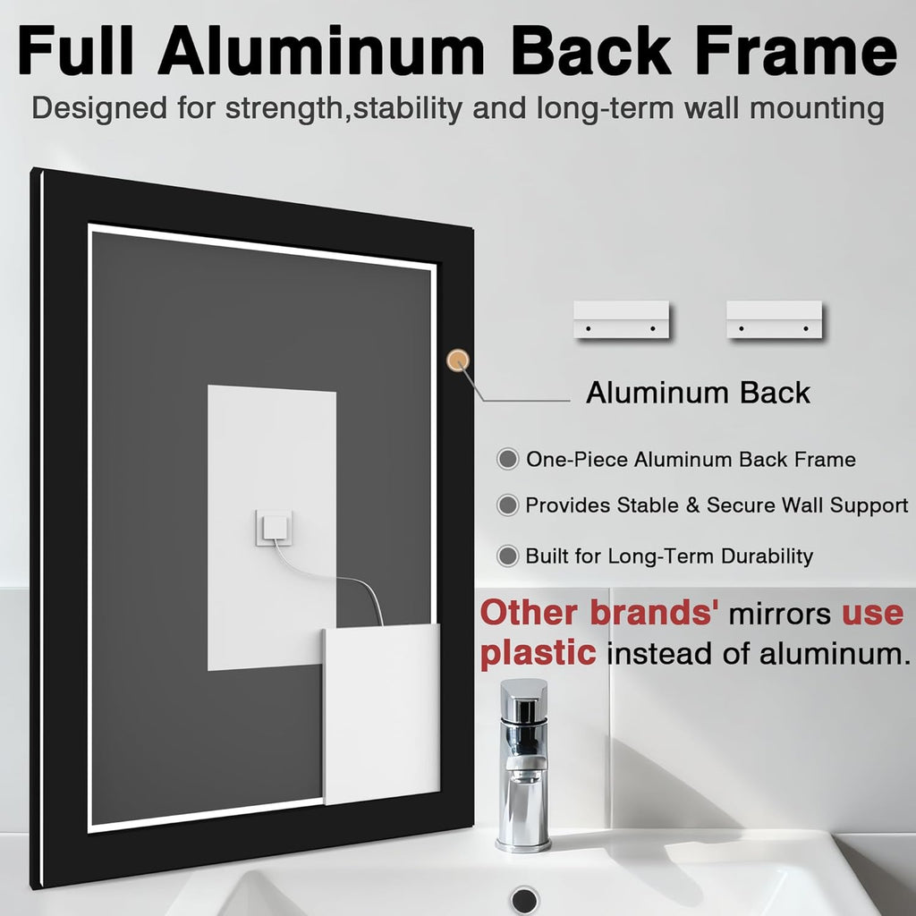 55x40 Bathroom Mirror with LED Lights - Black Framed, Front and Backlit Mirror, Anti-Fog LED Vanity Mirror, 3 Colors and Dimmable Mirror, Waterproof, Corrosion Proof (Horizontal/Vertical)