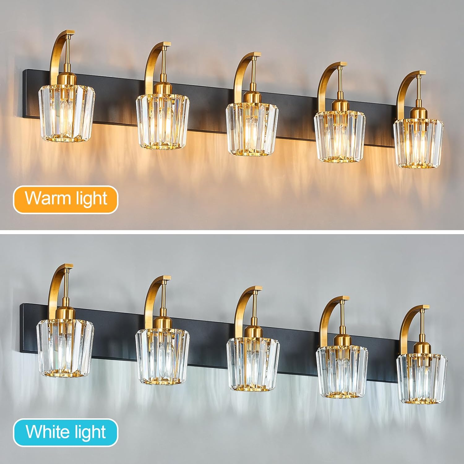 Modern Bathroom Vanity Light, 5-Light Black Gold Wall Sconce with Crystal Accents, Over Mirror Bathroom Lighting Fixture, 42.52" Long Dimmable Vanity Lamp for Makeup, Easy Installation