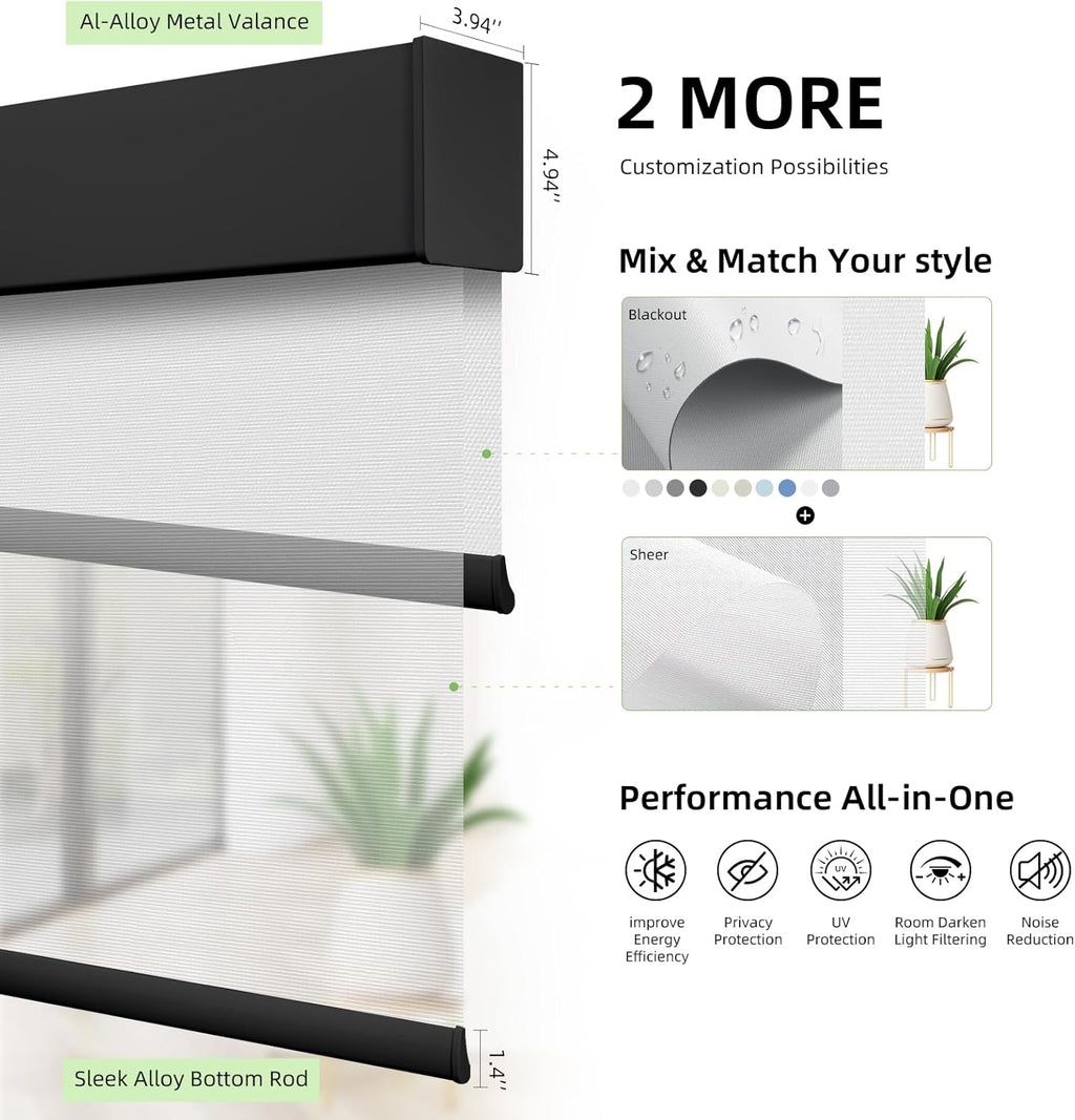 ZSTARR Motorized Day and Night Dual Smart Blind for Window with Valance Rechargeable Motor,Blackout Roller Shade Custom Size,with Valance Suitable for Home,Office (Full Blackout Black)