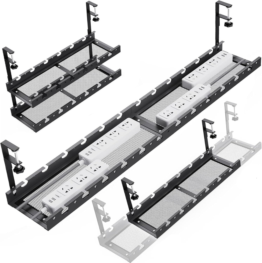 31Inch Extendable Under Desk Cable Management Tray Multi-Model Metal Cable Management Tray Under Desk Cord Management with Clamp Power Strip Cord Holder for Wire Cable Management