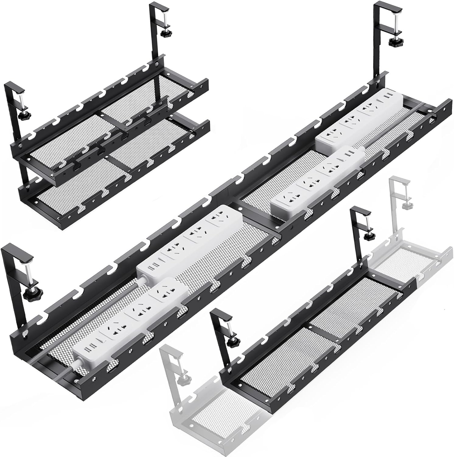 31Inch Extendable Under Desk Cable Management Tray Multi-Model Metal Cable Management Tray Under Desk Cord Management with Clamp Power Strip Cord Holder for Wire Cable Management