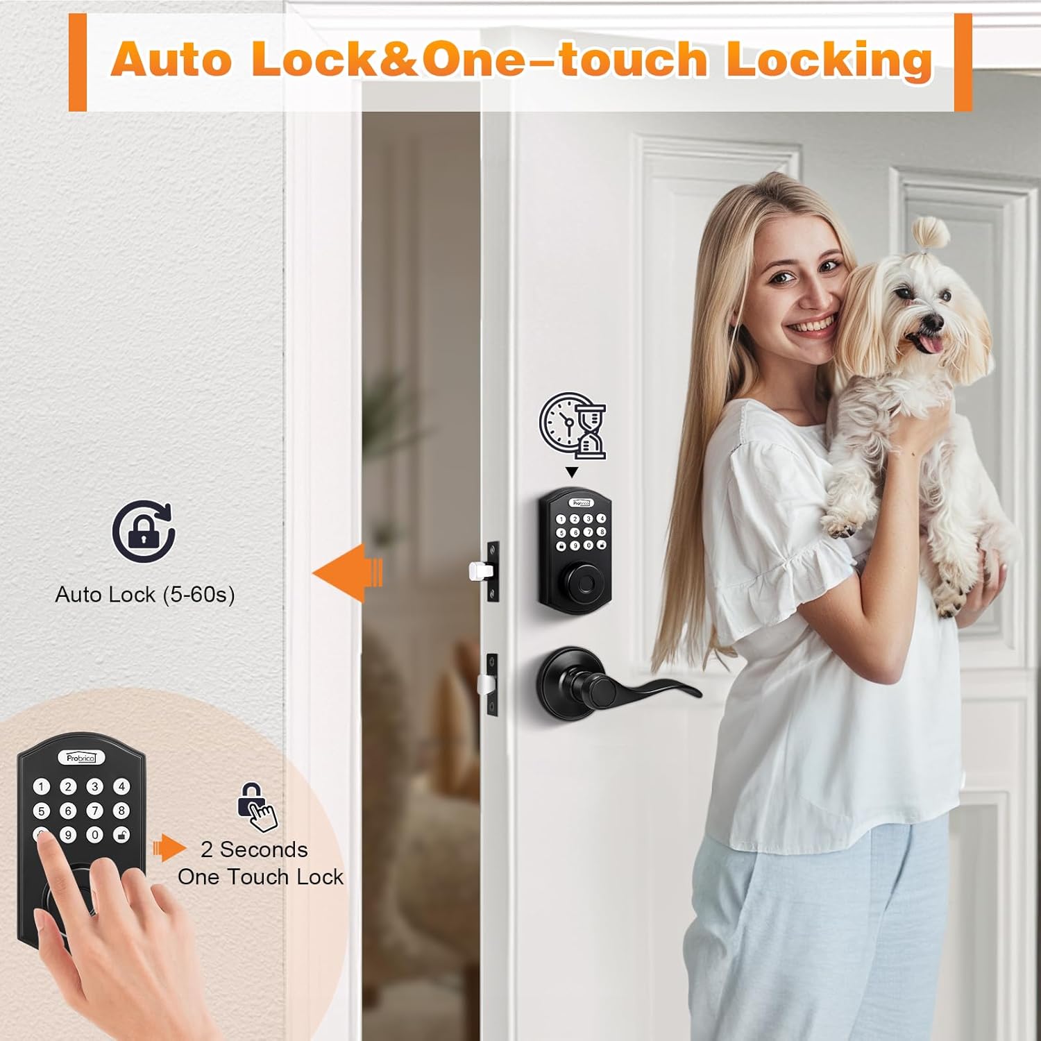 Probrico Keypad Door Lock with Handle Keyless Entry Door Lock, Smart Locks for Front Door Fingerprint Deadbolt with Handle, Black Smart Deadbolt Entry Door Handle Set