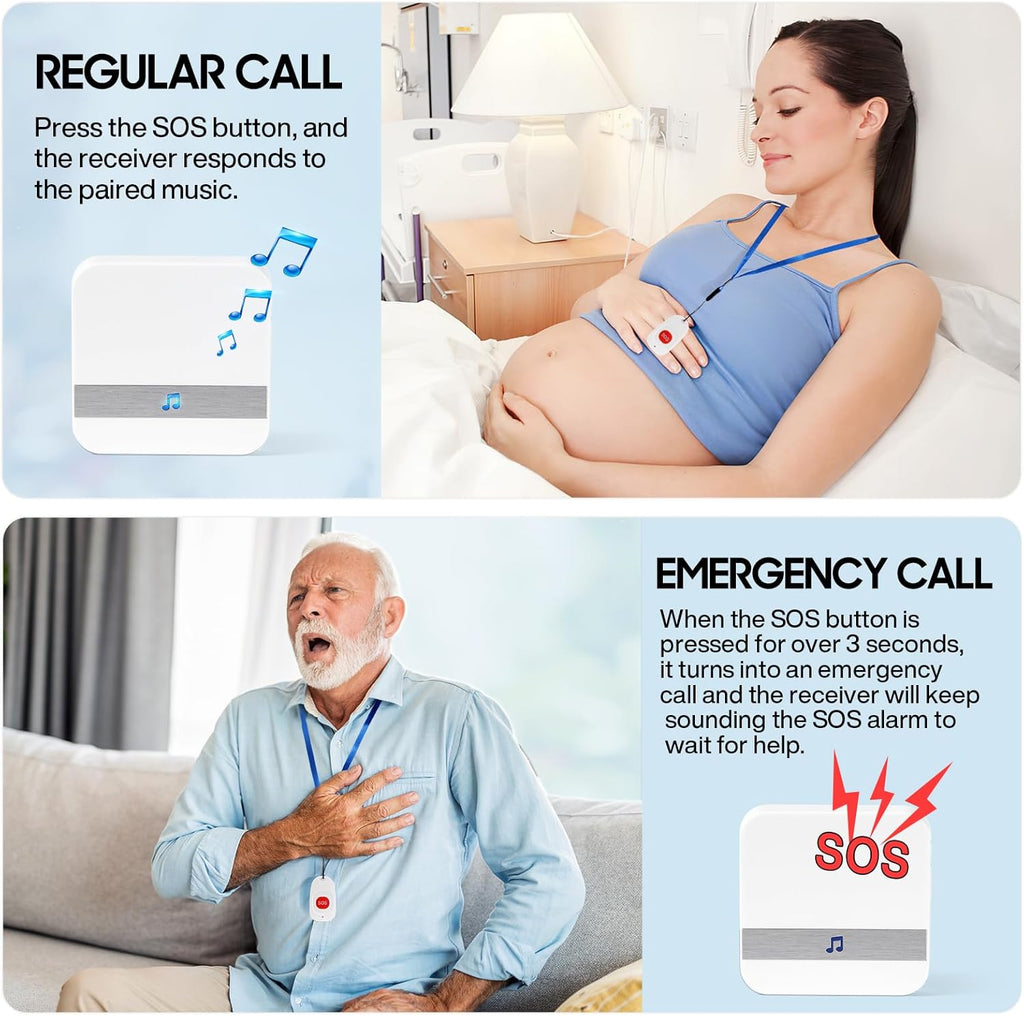 Caregiver Pagers Wireless Call Button for Elderly Patient Personal in Home Life Alert System for Seniors Range 260ft/80Menter,60 Ringtones (3 Call Buttons + 2 Receivers)