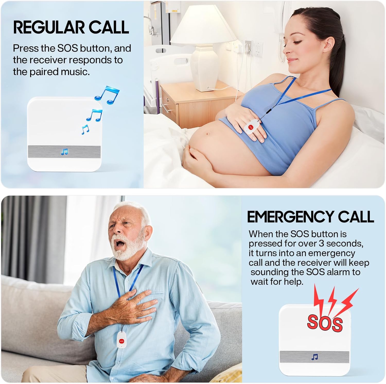 Caregiver Pagers Wireless Call Button for Elderly Patient Personal in Home Life Alert System for Seniors Range 260ft/80Menter,60 Ringtones (3 Call Buttons + 2 Receivers)